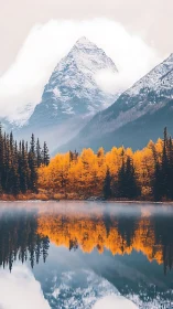 Snow-covered mountain, autumn forest and lake reflection align