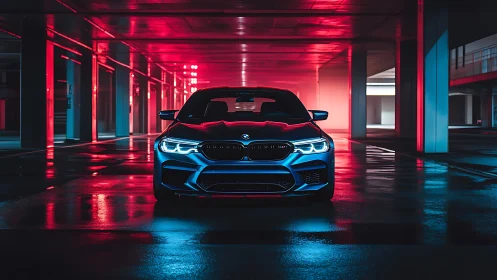 BMW sedan front view is parked in wet neon garage