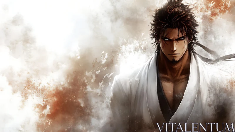Stoic anime swordsman in white robe amid swirling smoke.