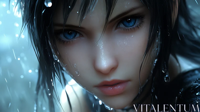 Rain-soaked blue-eyed warrior girl in glistening close-up.