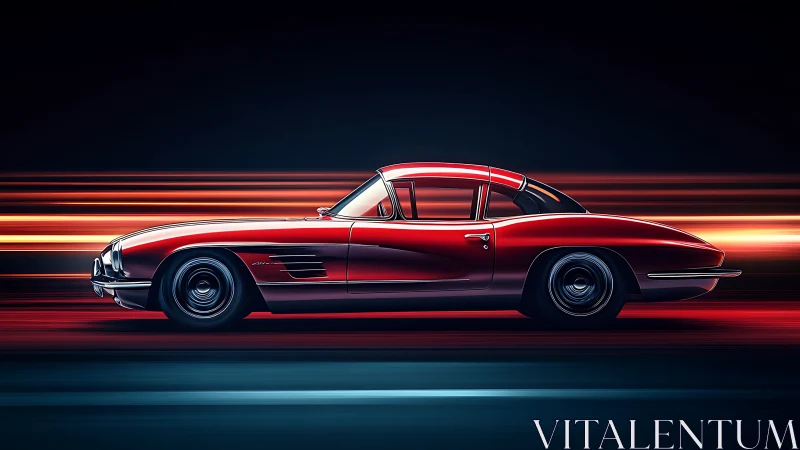 Crimson classic coupe racing through neon streaked nightscape.