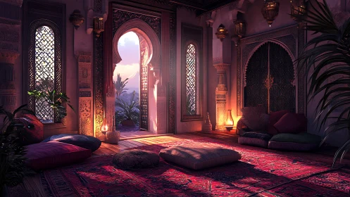 Sunlit Moroccan lounge with ornate archway and cushions.