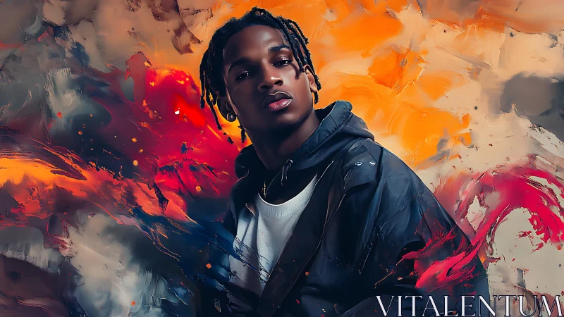 Urban muse drifting through firelit paintstorm skies.