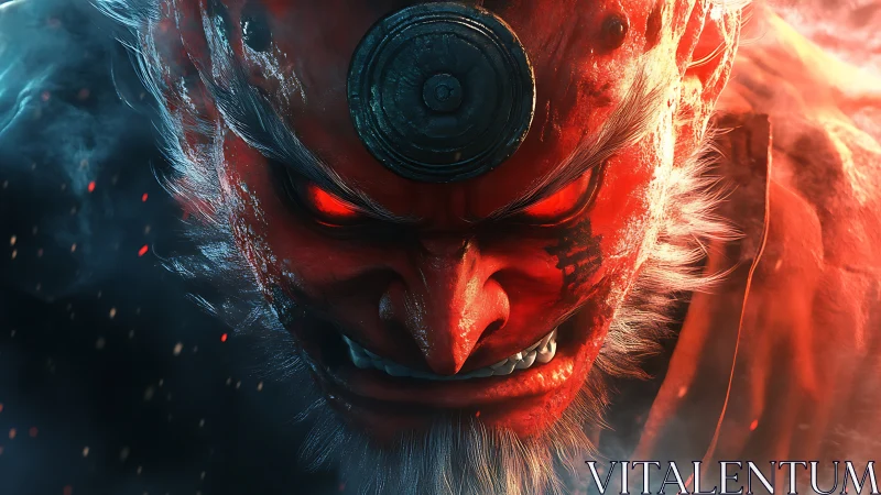 Infernal warrior glare crowned by a burning iron sigil.