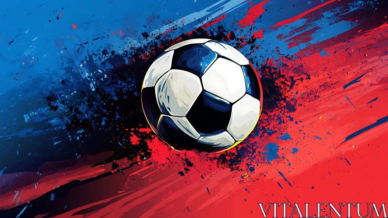 Soccer ball on bold red and blue abstract paint background.