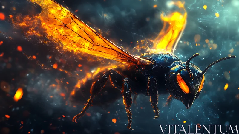 Flaming cybernetic hornet streaks through embers in neon haze