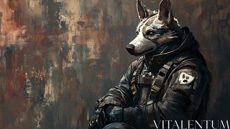 Armored canine soldier rests against a textured abstract wall.