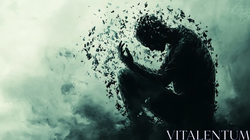 Silhouetted human figure disintegrates into scattered fragments