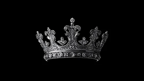 Photorealistic silver crown on black with baroque detailing.