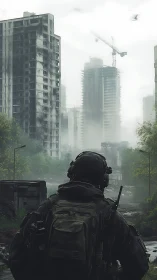 Solitary wanderer exploring a misty ruined city street.