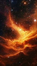 Fiery orange nebula structure within dense star field in space.