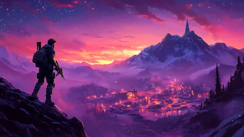 Digital painting of lone scout above neon-lit alpine valley.