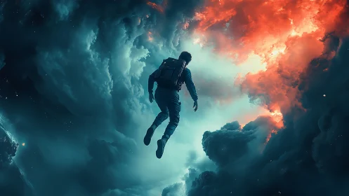 A lone dreamer walks between stormy sky and cosmic fire