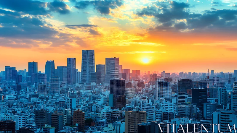 Golden city sunset casting soft light over modern skyline.