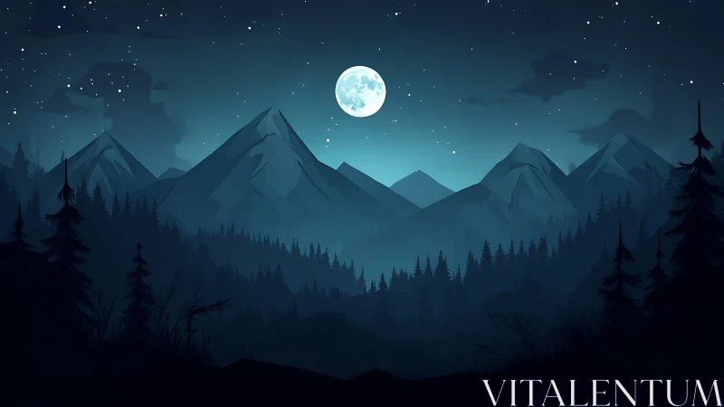 Moonlit pine guardians under midnight mountain hush.