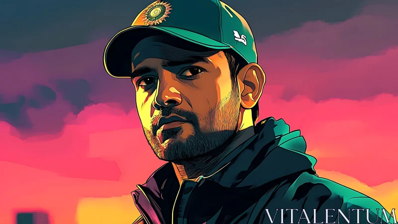 Sunset-lit sports portrait in bold, colorful strokes.