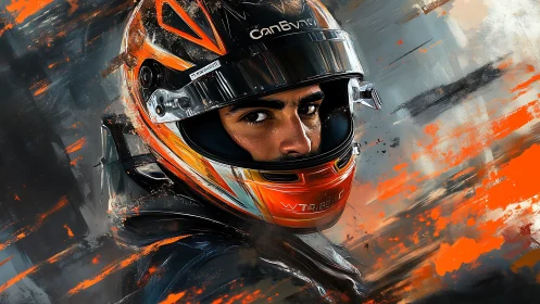 Blazing race helmet portrait bursting with focused energy.
