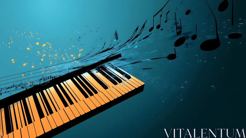 Piano keys explode into abstract floating musical notes.