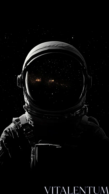 Lone astronaut silhouette reflects distant starfield glow.