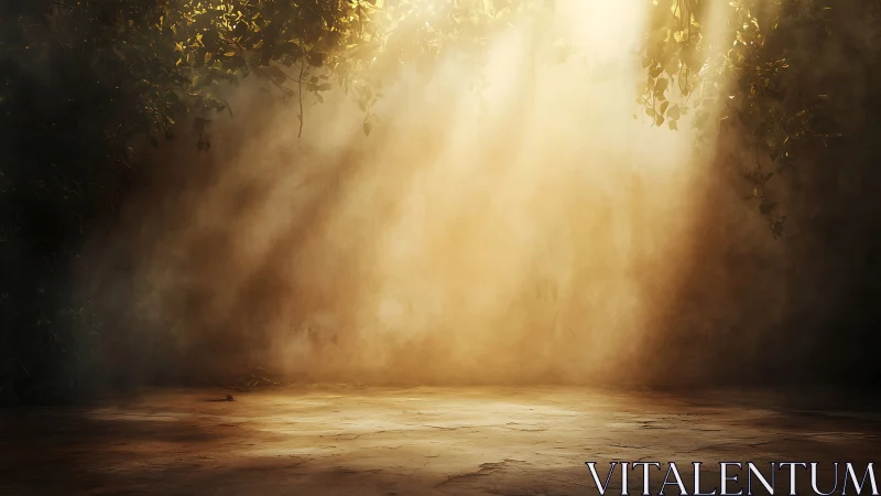 Sunlight enters dusty clearing and illuminates bare ground