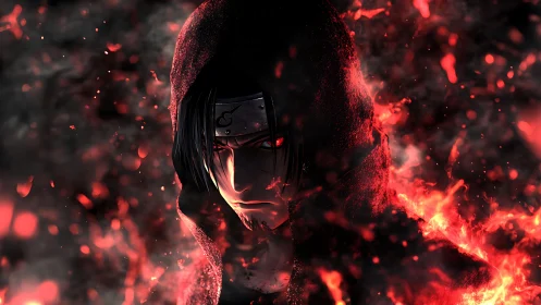 Dark hooded anime warrior surrounded by red burning embers.