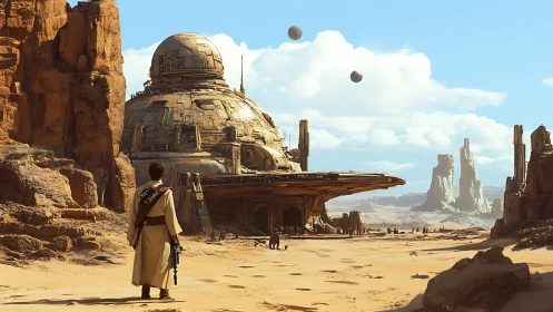 Desert wanderer approaches domed sci fi outpost fortress.