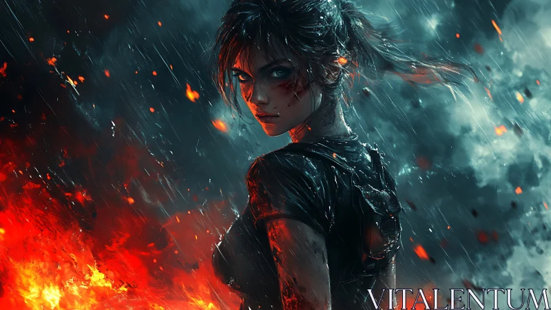 Warrior Woman in Fire and Rain Combat Scene.