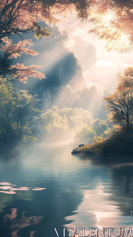 Sunlit river valley shows mist, scattered trees and rock formations