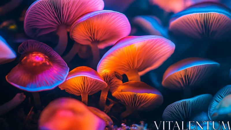 Glowing neon mushrooms in a dark fantasy forest scene.