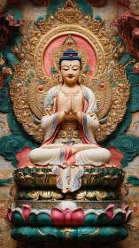 Ornate seated Buddha statue rendered with high-relief gilded detailing