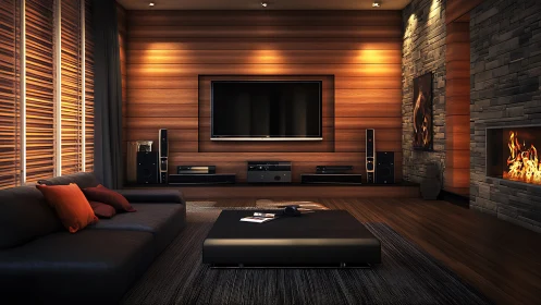 Warm modern media room with linear fireplace and wood panel acoustics