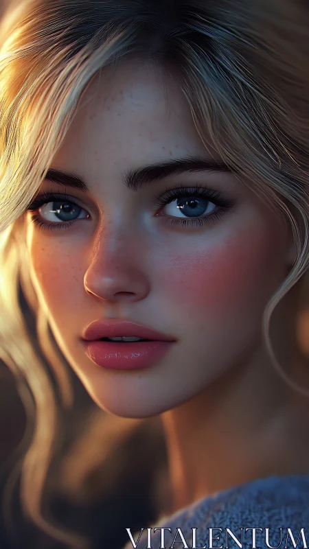 Digital close-up portrait of blonde woman in soft light.