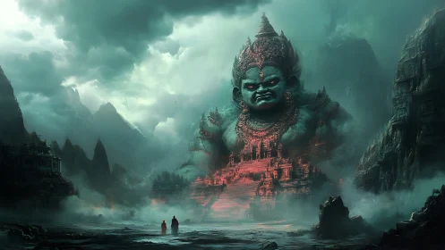 Colossal demon temple amid misty mountains and red glow.