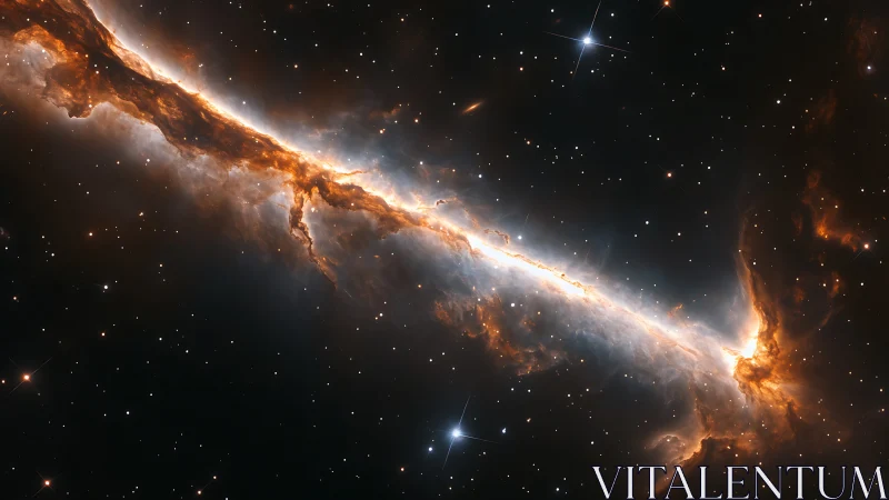 Bright nebula filament cuts across dense star field.