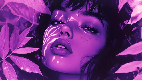 Digital portrait shows face framed by foliage in purple light