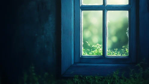 Luminous garden framed by weathered teal window geometry.