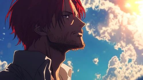 Sunlit red‑haired man in profile against glowing sky clouds.