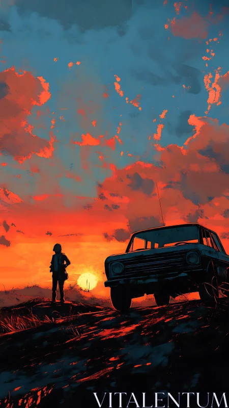 Sunset wanderer beside off-road truck in painterly silhouette.