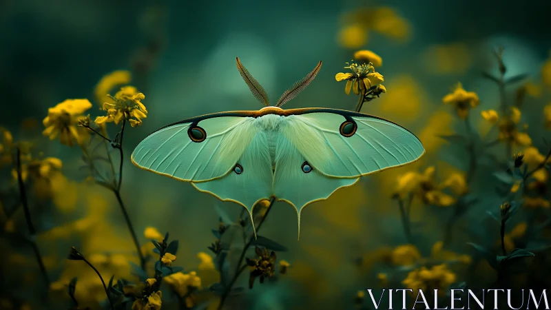 Green luna moth on yellow wildflowers in soft teal light.