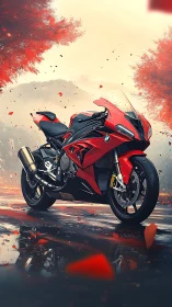 Crimson sport bike resting beneath a storm of autumn fire.