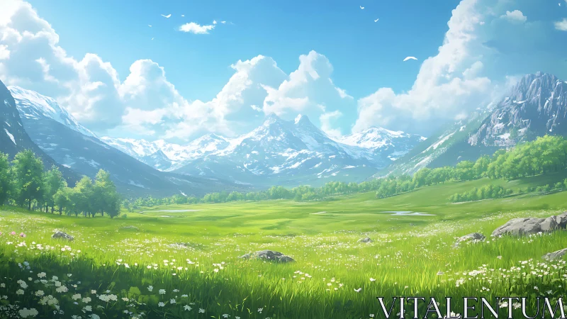 Sunlit mountain meadow where sky, clouds, and fields sing.