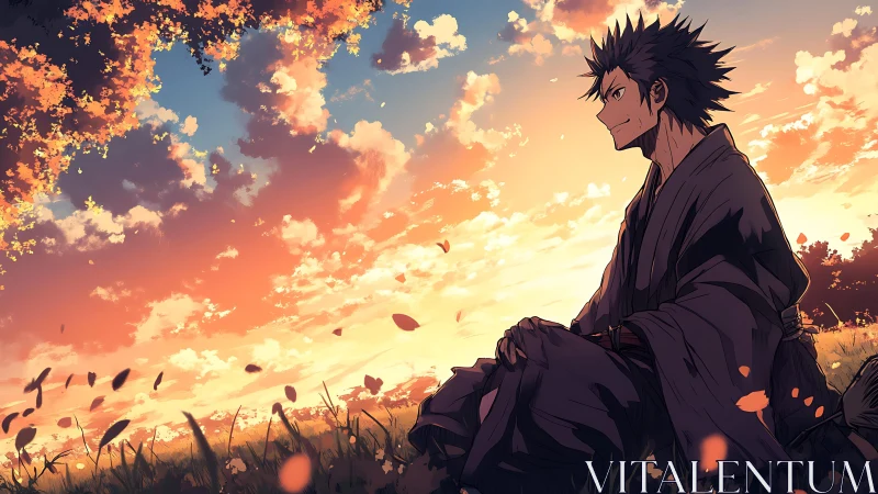 Samurai meditates under blazing autumn sunset sky.