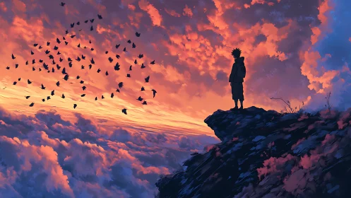 Solitary figure on cliff watching birds at sunset.