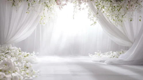 Ethereal white floral aisle beneath cascading draped curtains.