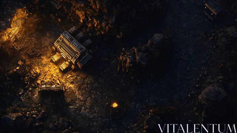 Futuristic desert outpost glows amid dark rocky terrain.