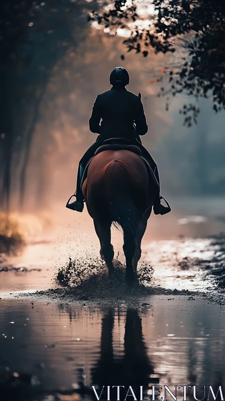 Rider crossing forest puddle at dawn in soft backlight.