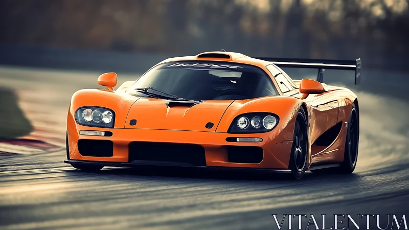 Orange track-focused sports car on curved racing circuit.