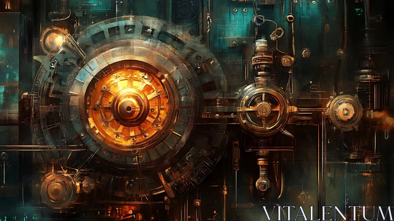 Industrial rotor array glows with complex steampunk mechanical energy