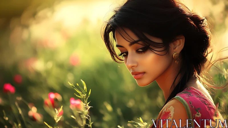 Sunlit portrait of contemplative woman amid blurred wildflowers