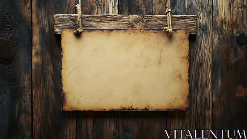 Weathered blank parchment board on rustic wood wall.